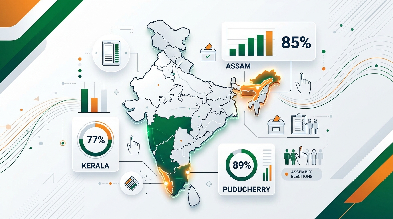 Stylized map of India highlighting Assam, Kerala and Puducherry with bar charts showing voter turnout percentages (85%, 77%, 89%) in the 2026 Assembly Elections, with voting symbols like EVM and inked finger.