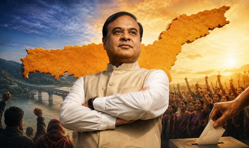 Assam Election Results 2026 concept image showing strong political leadership, voter participation, ballot box voting, and Assam map representing BJP NDA victory