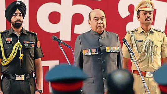 Bihar Governor Syed Ata Hasnain at an official event alongside Indian Army and Bihar Police officers.