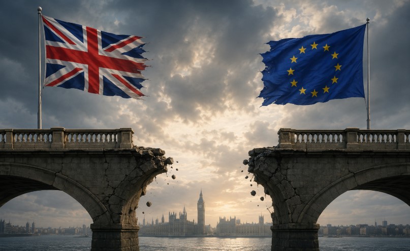 UK and EU flags above a broken stone structure with the London skyline and Big Ben in the background, representing Brexit tensions and renewed UK-EU trade negotiations.
