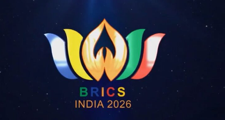 Official BRICS India 2026 logo symbolizing trade corridors, transport connectivity, economic cooperation and regional integration among BRICS nations.