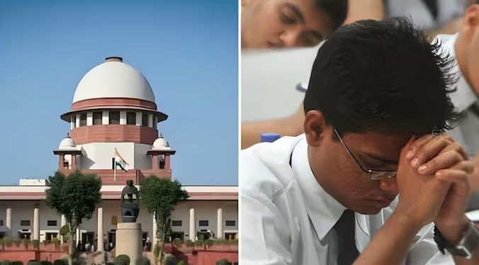 Supreme Court of India and students during exams representing the CBSE three-language policy case under NEP 2020.