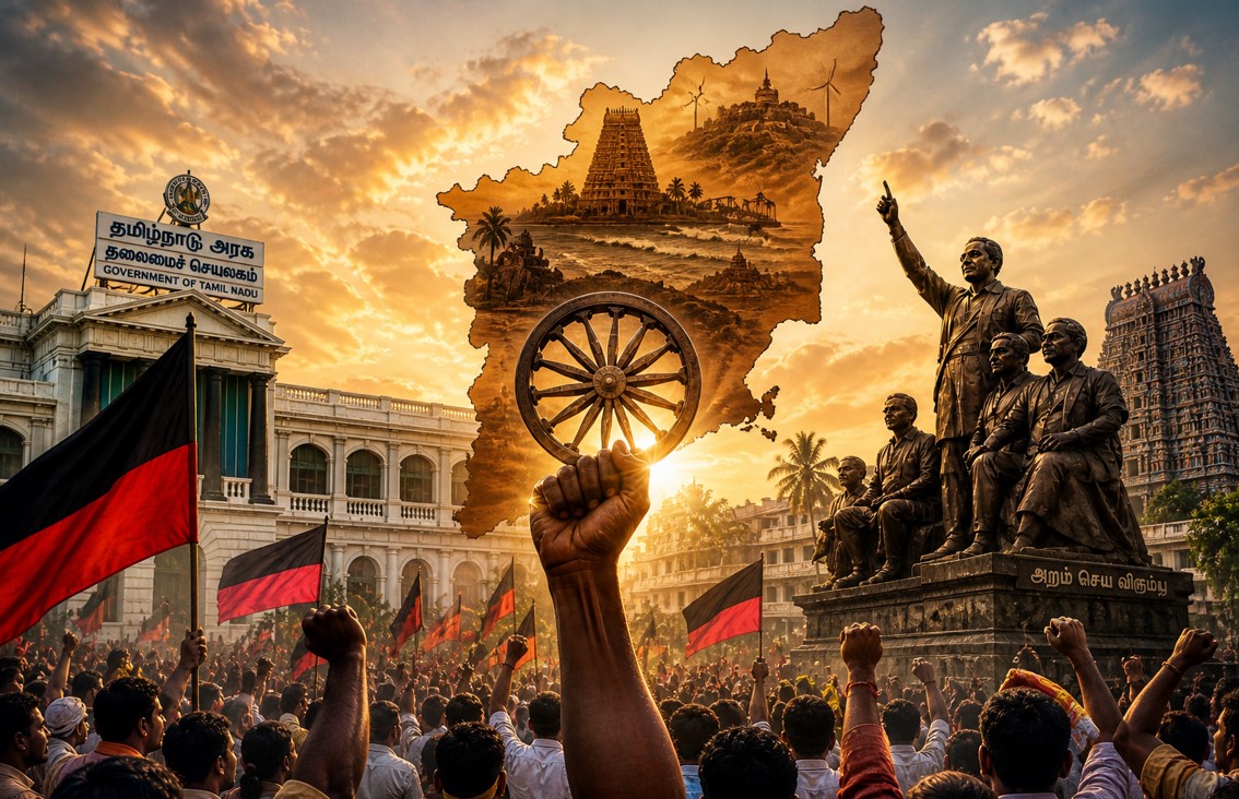 Dramatic political scene in Tamil Nadu showing a massive public crowd, government building, cultural landmarks, and a symbolic map of the state representing a historic election shift.