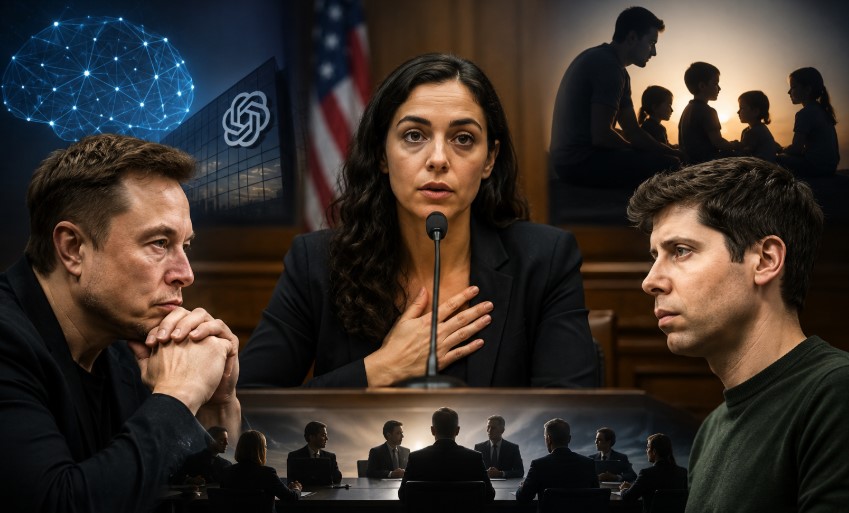 Cinematic courtroom-style illustration featuring Elon Musk, Sam Altman, and a female tech executive amid an AI governance conflict, corporate tension, and OpenAI legal battle backdrop.