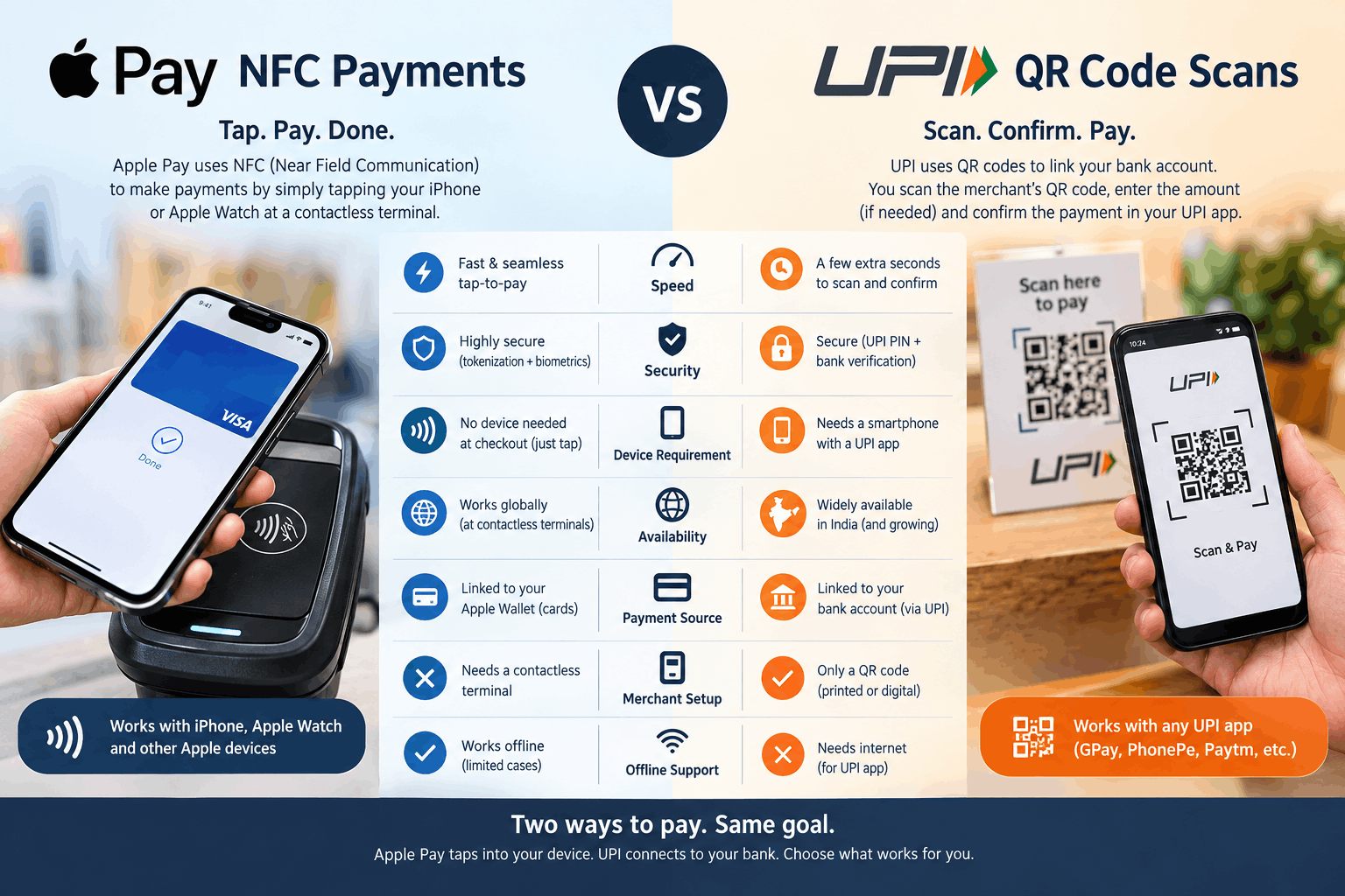 Comparison infographic detailing Apple Pay NFC payments versus QR code UPI scans. generate a image
