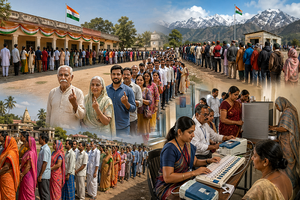 Indian voters standing in long queues at polling stations across diverse regions, with election officials operating electronic voting machines and Indian flags visible in the background.