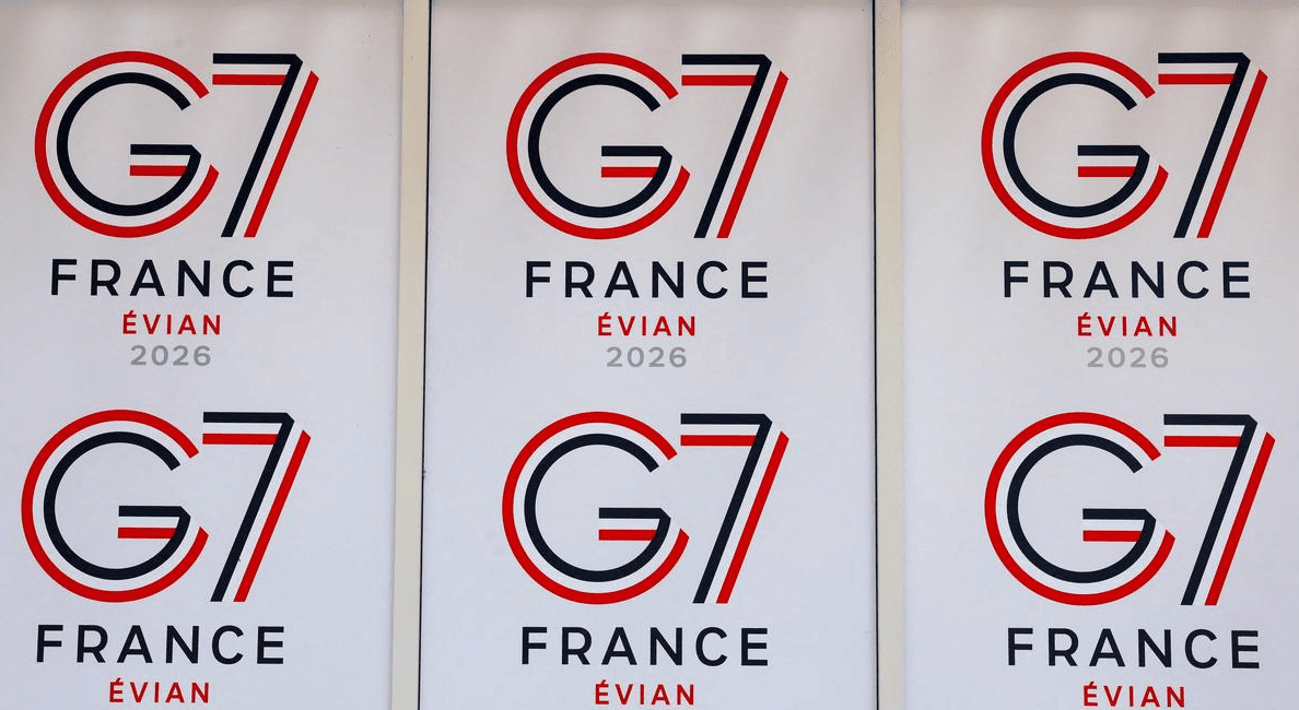 Official G7 France 2026 summit branding displayed in Evian as leaders gather for international diplomacy talks