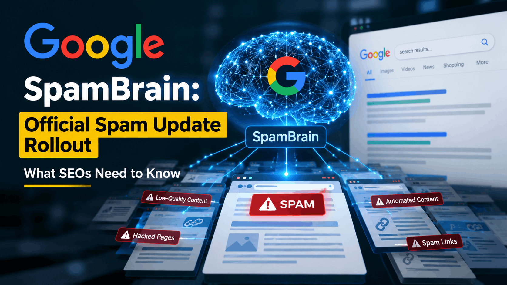 Google SpamBrain official spam update rollout with AI brain scanning spam, low-quality content, hacked pages, automated content, and spam links.