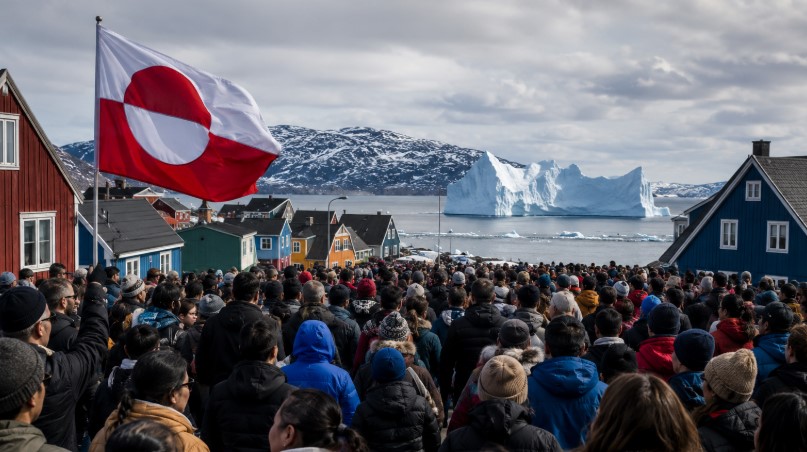 Large crowd gathered in a Greenland coastal town during a protest over sovereignty and Arctic geopolitics, with icy mountains, colorful Nordic homes, and a massive iceberg visible in the background under cloudy skies.
