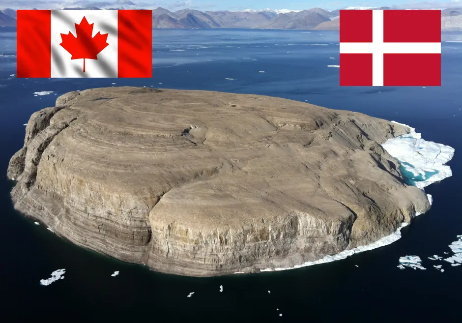 Hans Island in the Arctic with Canadian and Danish flags, symbolizing their territorial dispute and cooperation.