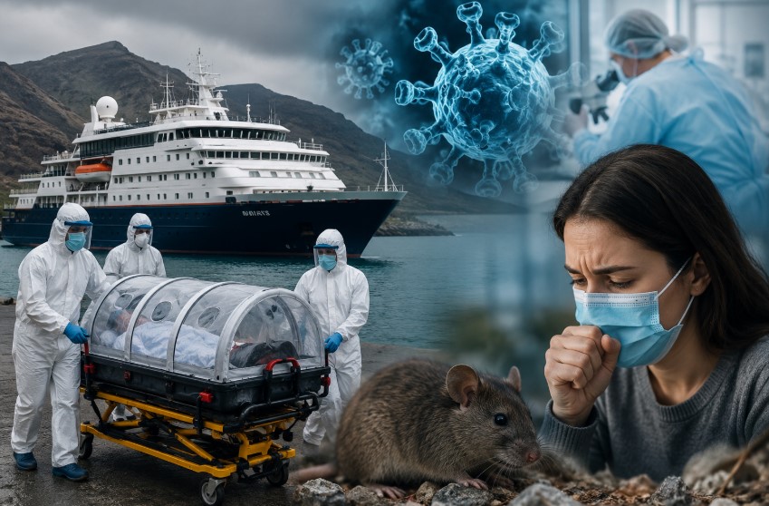 Medical teams in hazmat suits transfer a quarantined patient near the MV Hondius cruise ship during an international hantavirus outbreak linked to the Andes strain.