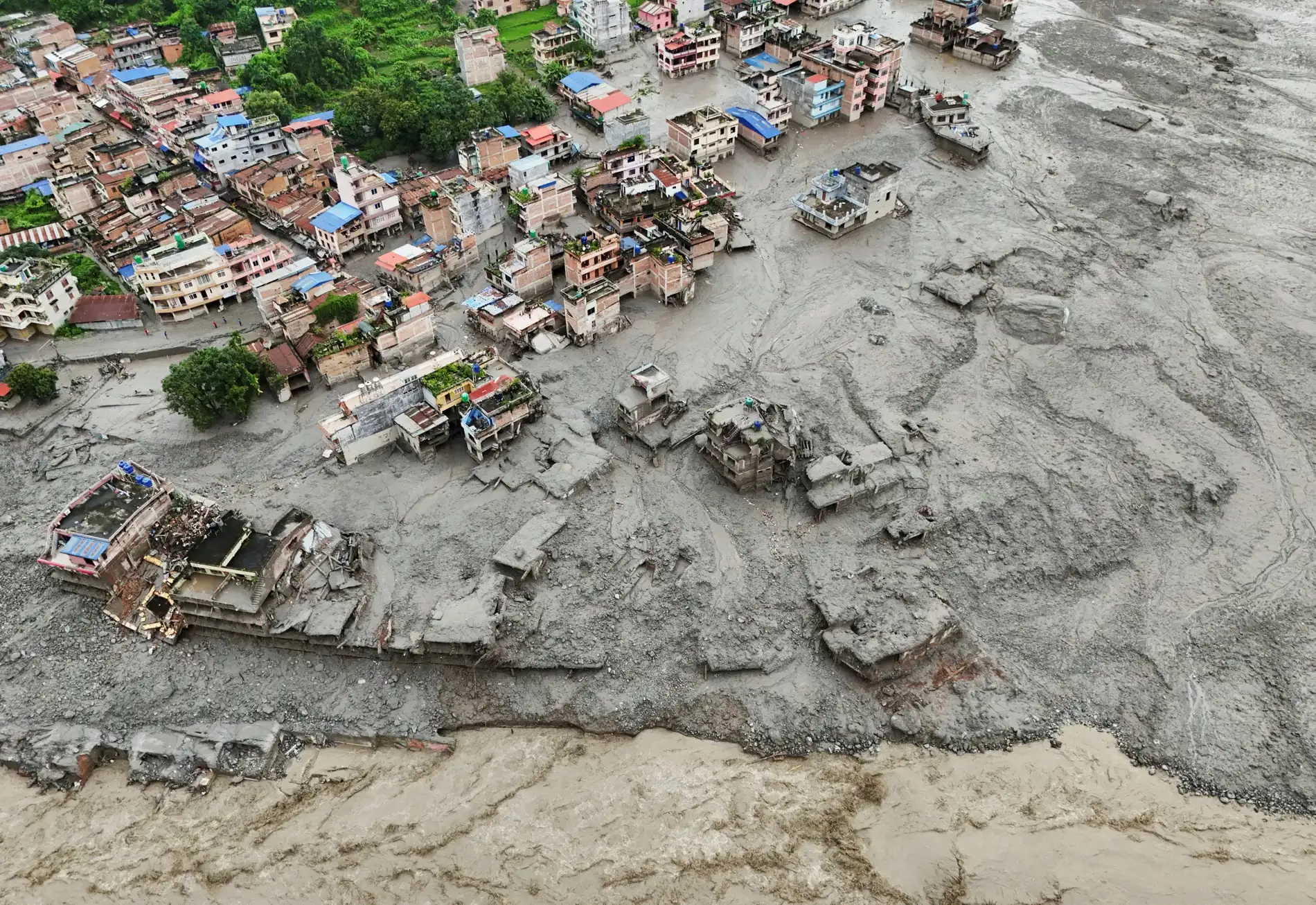 Himalayan flood damage along Nepal's Rasuwa district after the Bhotekoshi River disaster