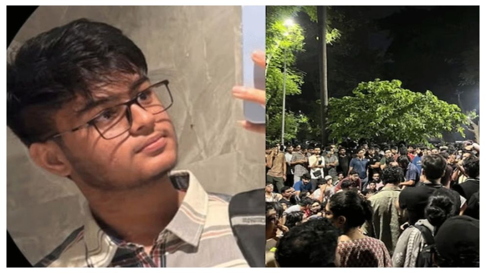 Photo collage showing late IIT Bombay student Sahil Ravindra Wakode and students protesting on campus.