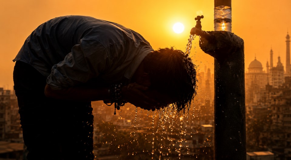 Person cooling off under a water tap during an extreme heatwave in India as scorching temperatures and climate crisis conditions intensify across South Asia.