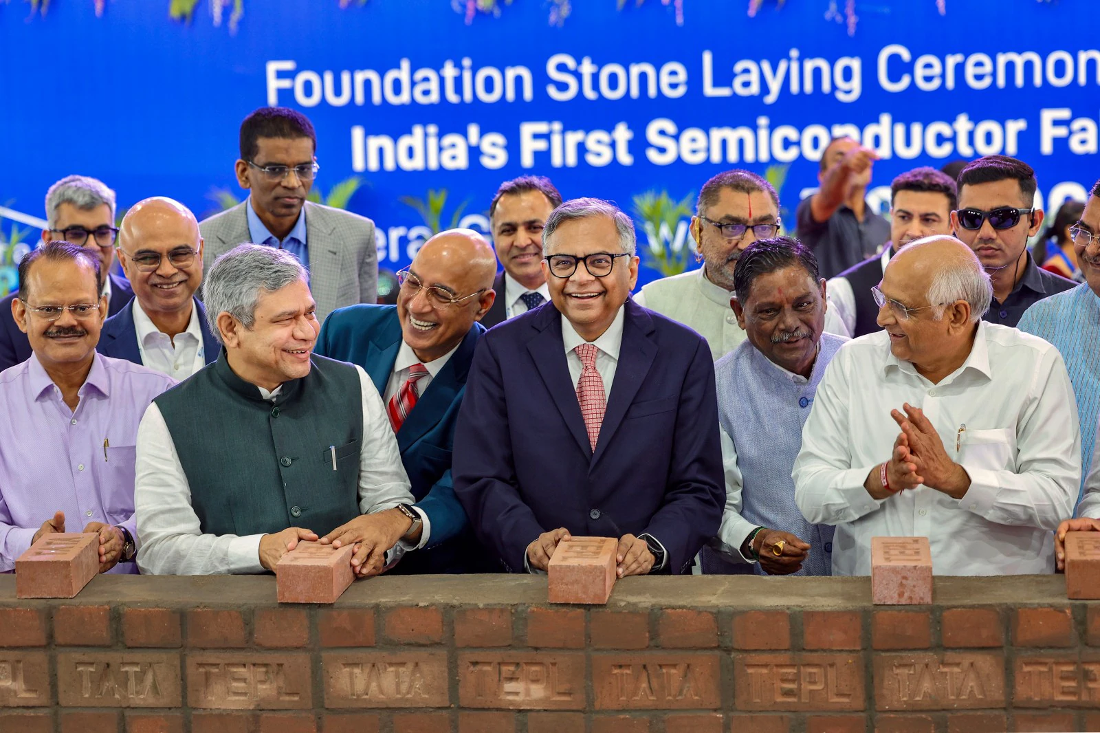 Foundation stone laying ceremony of Tata Semiconductor fabrication plant at Dholera under the India Semiconductor Mission with industry leaders and officials.