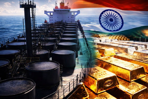 Oil tanker carrying crude oil alongside gold bars with Indian flag, symbolizing India's crude oil and gold imports affecting trade deficit.