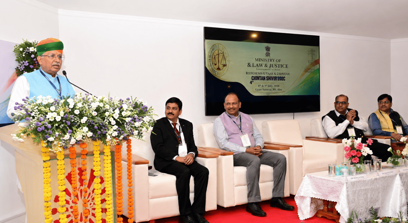 Union Minister Arjun Ram Meghwal speaking at the Reforms Utsav and Chintan Shivir 2026 on India's legal reforms in Mount Abu.