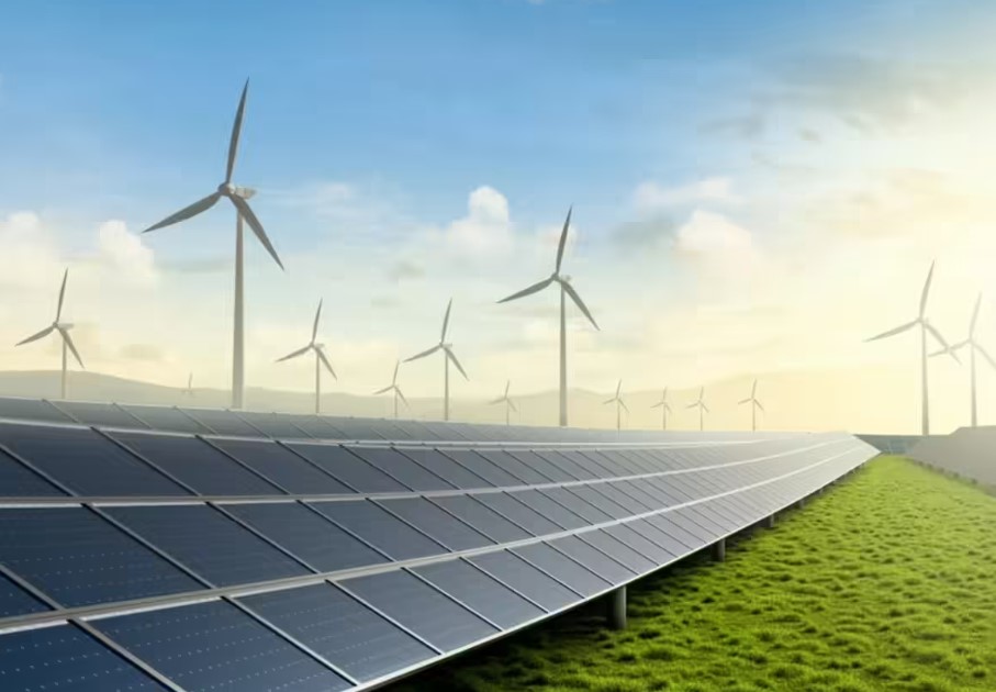 Large-scale solar panels and wind turbines generating renewable energy in India as part of the country's record renewable capacity expansion.