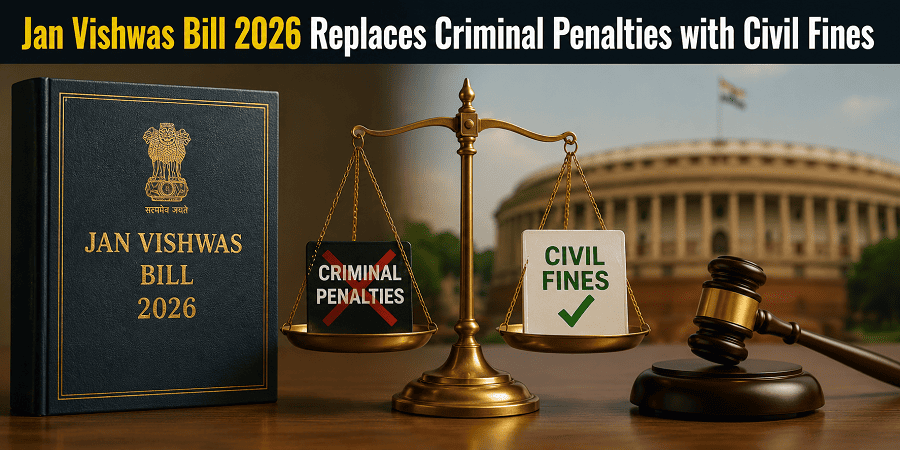 Jan Vishwas Bill 2026 graphic showing legal reforms in India, with scales of justice, a gavel, and a shift from criminal penalties to civil fines.