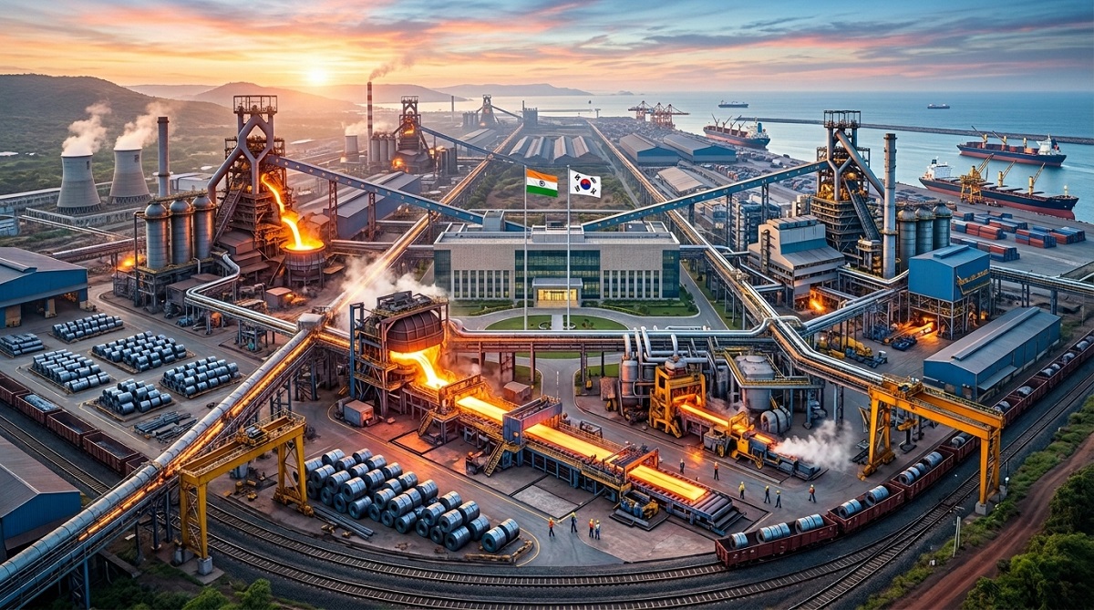 Industrial steel manufacturing plant with large blast furnaces and workers, symbolizing the JSW Steel and POSCO joint venture strengthening India's global steel production capacity.