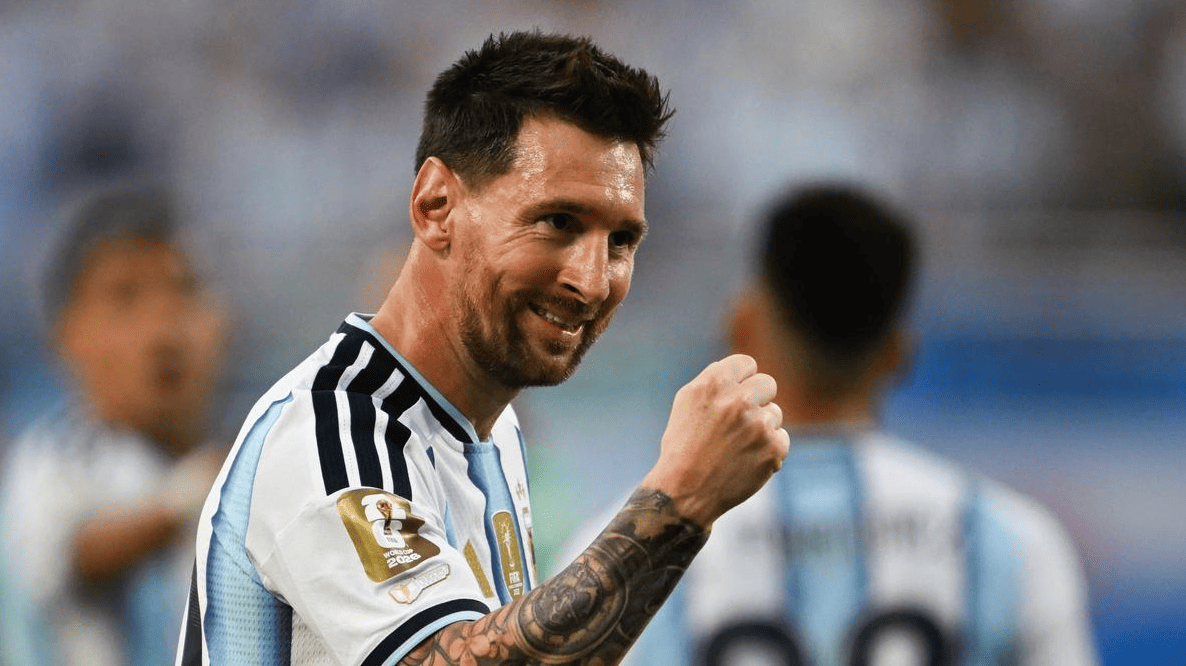 Lionel Messi celebrates during Argentina's FIFA World Cup 2026 match after scoring and equaling the all-time World Cup goals record.