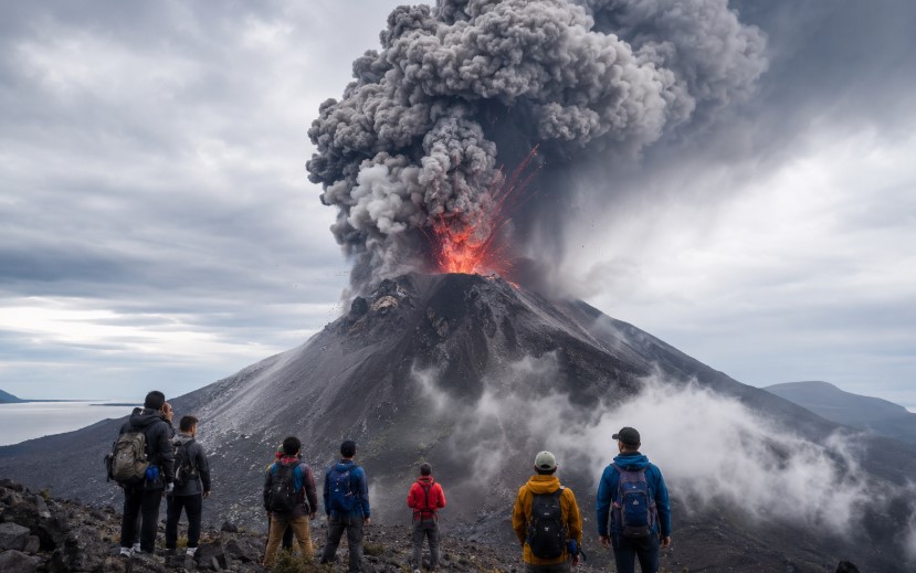 Hikers watch Mount Dukono volcano erupt in North Maluku, Indonesia, as massive ash clouds and lava bursts rise from the active crater during a deadly volcanic event.