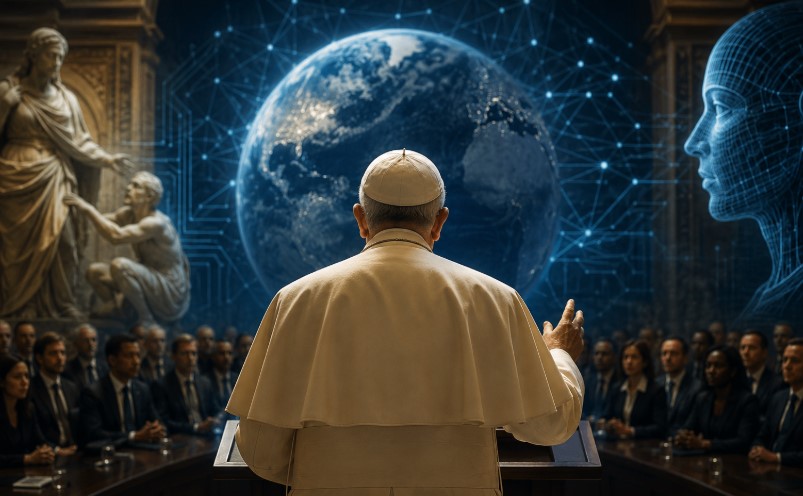 Pope addressing global leaders on artificial intelligence ethics inside the Vatican with futuristic digital technology and AI network visuals in the background
