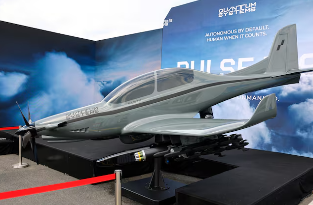 Quantum Systems AI-powered autonomous defense drone displayed at an industry exhibition.