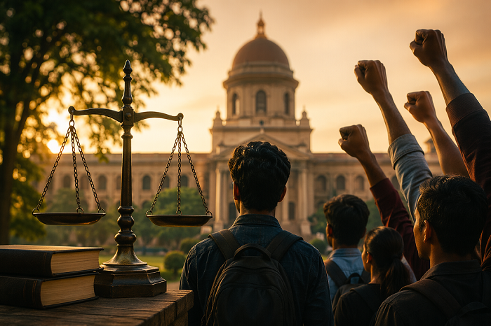 Students raising fists in solidarity near scales of justice in front of a university building at sunset, symbolizing legal reform and action against campus discrimination.