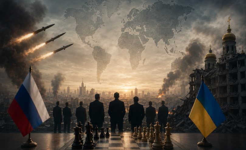 Cinematic depiction of the Russia-Ukraine conflict showing missiles over a destroyed city skyline, diplomatic tension, geopolitical strategy, and war symbolism with Russian and Ukrainian flags.