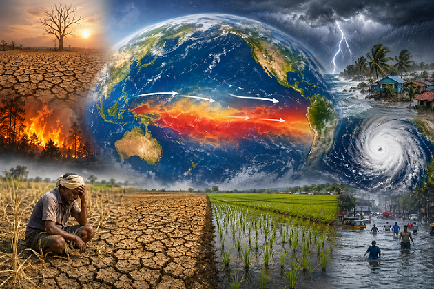 Global illustration of El Niño impact showing Pacific Ocean warming, drought, floods, cyclones, wildfires, and stressed agriculture linked to monsoon disruption in India