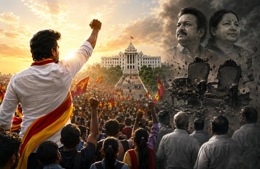 Crowd rally supporting Vijay in Tamil Nadu 2026 election showing political shift and decline of traditional Dravidian parties