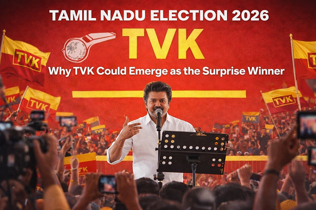 TVK leader Vijay addressing a political rally during Tamil Nadu Election 2026 campaign, highlighting the rise of a new political force challenging traditional parties.
