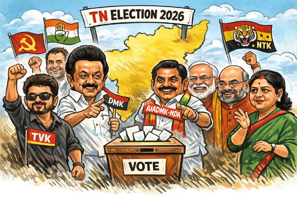 Tamil Nadu Election 2026 campaign visuals featuring M. K. Stalin, Edappadi K. Palaniswami, and Vijay ahead of the April 23 assembly polls.