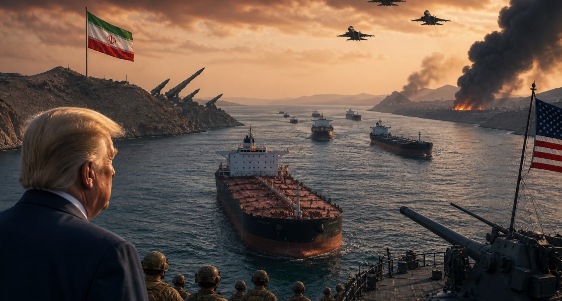 Dramatic scene of oil tankers trapped in the Strait of Hormuz with warships, fighter jets, and rising smoke symbolizing global oil crisis and military tension.