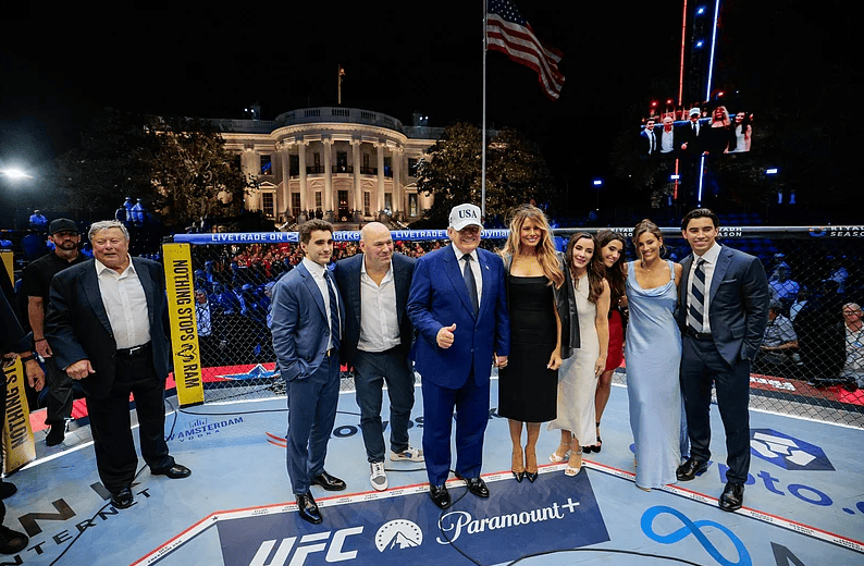 Donald Trump attends UFC Freedom 250 at the White House alongside Dana White and guests during America250 celebrations.
