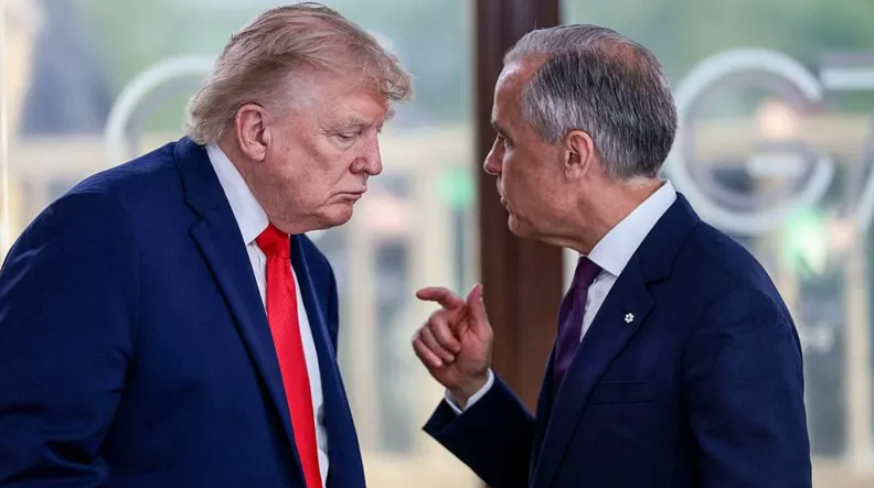 US President Donald Trump and Canadian Prime Minister Mark Carney in discussion during talks amid escalating US-Canada trade tensions over new tariffs.