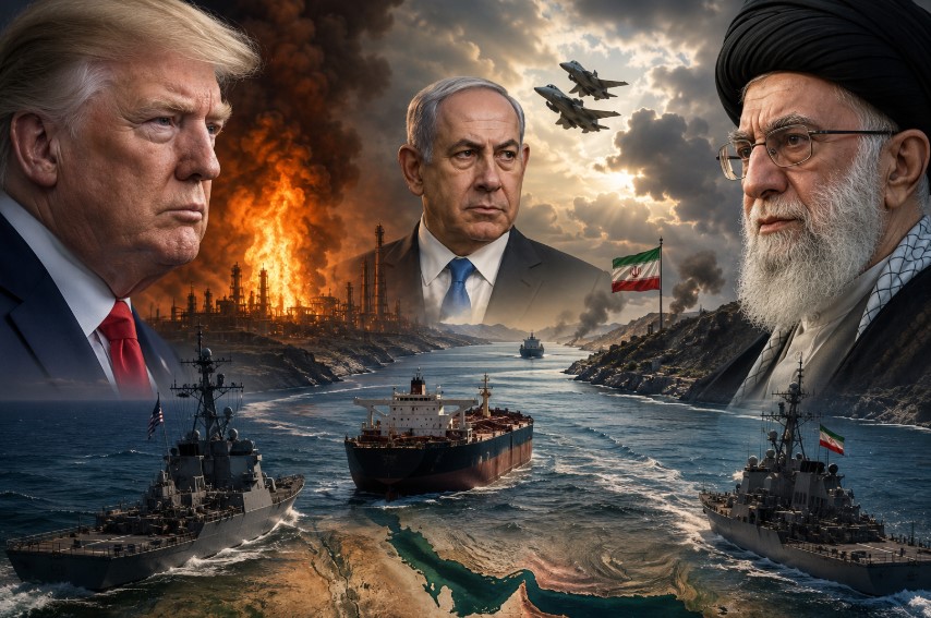 US-Iran Strait of Hormuz conflict illustration showing naval warships, oil tanker routes, Middle East tensions, and leaders amid escalating geopolitical crisis and global oil supply disruption.