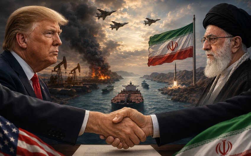 Donald Trump and an Iranian leader shake hands during high-stakes nuclear peace negotiations as oil tankers move through the Strait of Hormuz amid warships, fighter jets, and rising Middle East tensions.