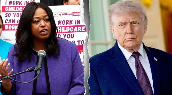 Split image showing President Donald Trump and D.C. mayoral nominee Janeese Lewis George amid a political dispute over the Washington, D.C., mayoral race, Home Rule, immigration, and public safety policies.