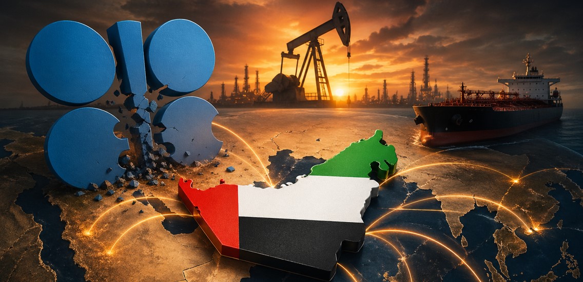 UAE map breaking away from OPEC symbol with oil rigs and tanker ship illustrating global oil market disruption after UAE exit from OPEC