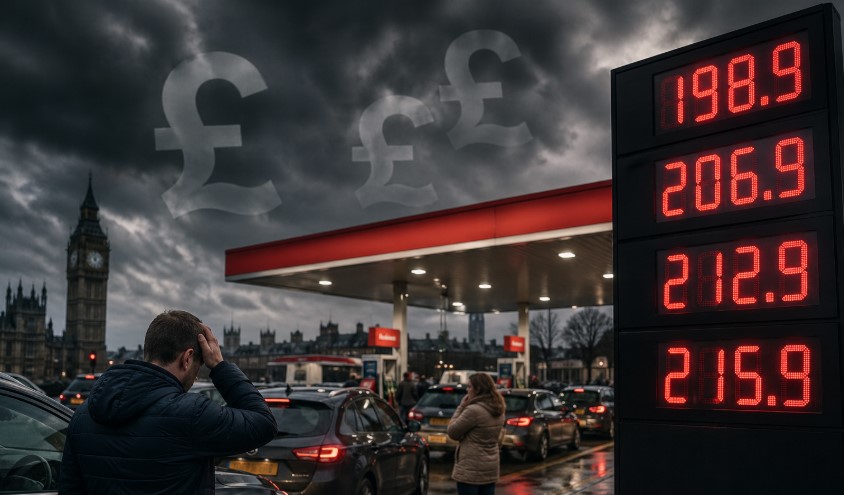 UK petrol station with rising fuel prices and worried motorists under dark skies symbolizing economic stress during Middle East conflict.
