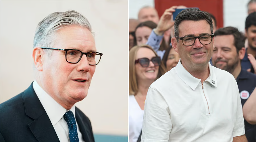 Keir Starmer and Andy Burnham in a side-by-side image during Labour's leadership transition following Starmer's resignation.