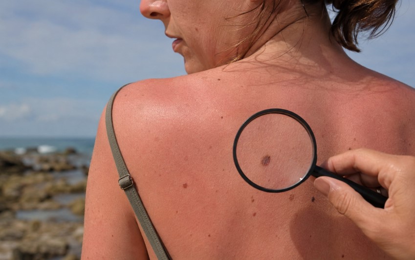 Close-up of a sunburned woman’s back with a suspicious mole being examined using a magnifying glass on a beach, highlighting melanoma and skin cancer awareness.