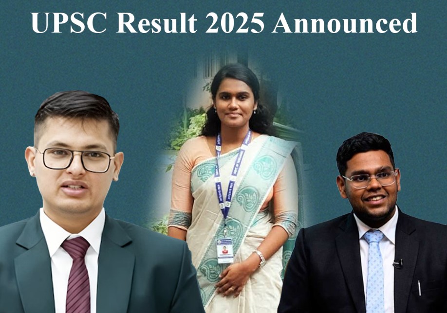 Top 3 UPSC CSE 2025 rank holders Anuj Agnihotri, Rajeshwari Suve M, and Akansh Dhull posing after Civil Services Examination results announcement