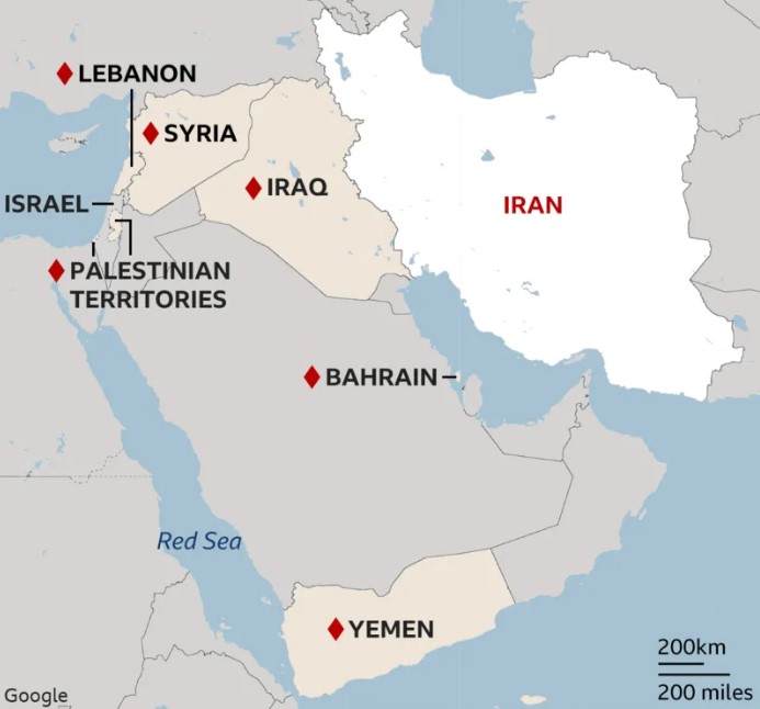 Map highlighting Iran and surrounding Middle Eastern countries including Iraq, Syria, Israel, Saudi Arabia, Qatar, UAE and Oman, showing the regional scope of the US Israel Iran war.