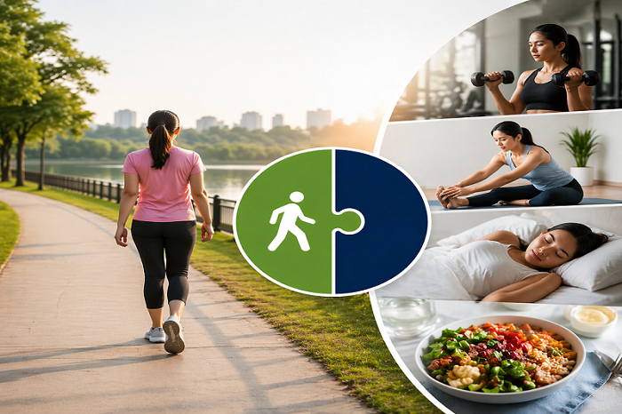 Woman walking outdoors in a park alongside images of strength training, stretching, sleep, and healthy food, illustrating a balanced fitness and wellness routine beyond daily walking.