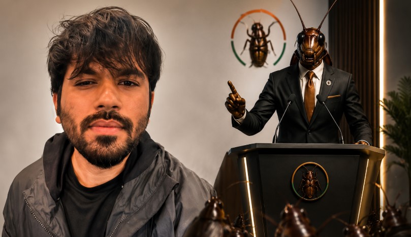 India’s “Cockroach Janta Party” satire controversy showing a young activist beside a symbolic cockroach-headed political figure at a podium, representing debates over free speech, online censorship, and digital rights in India.
