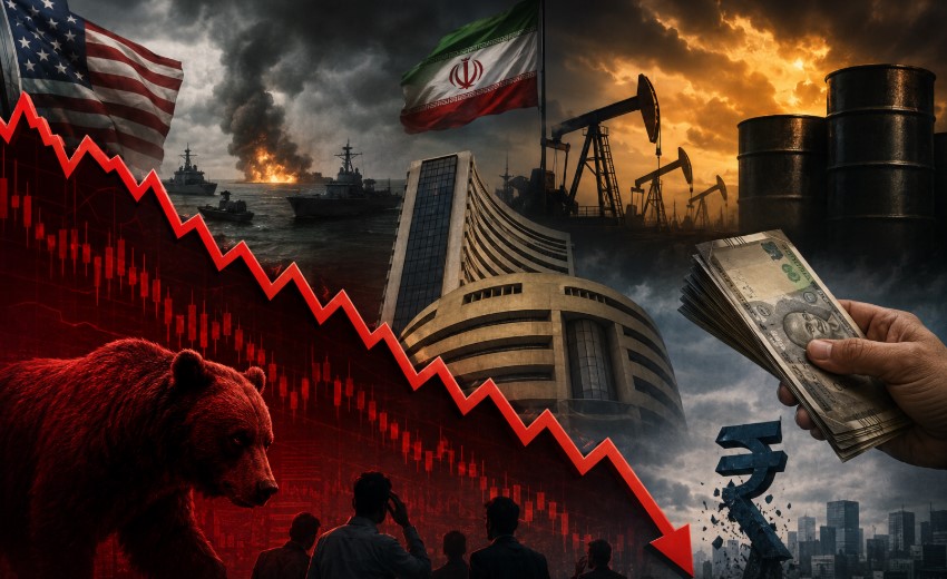 Indian stock market crash triggered by rising crude oil prices and escalating US-Iran tensions, featuring the Bombay Stock Exchange, falling market charts, oil barrels, a weakening rupee symbol, and geopolitical conflict imagery.