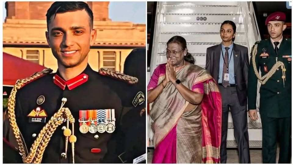 Major Rishabh Singh Sambyal in dress uniform beside President Droupadi Murmu greeting officials
